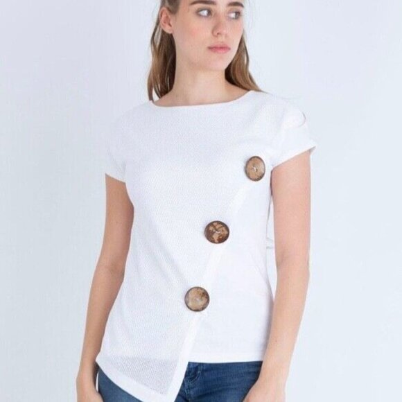 Marble Asymmetrical Hem Oversized Buttons White Short Sleeve Top - Picture 1 of 7